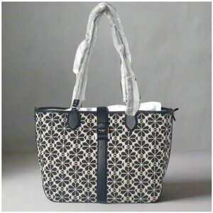 Kate Spade Flower Jacquard Medium Open Tote Black Leather Snap Closure